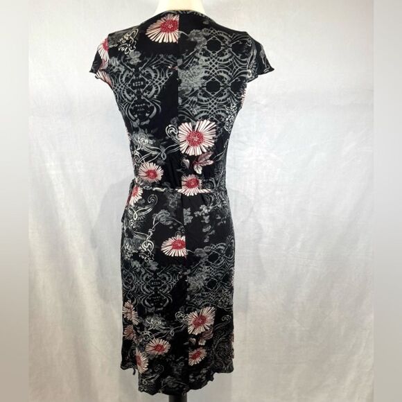 Vintage Avalanche black floral true wrap midi dress size 3 - Picture 4 of 7